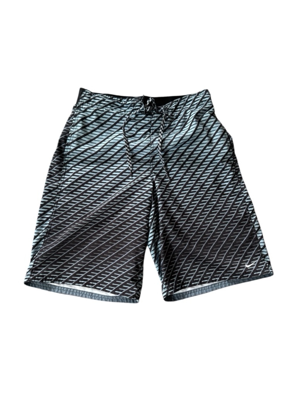 Nike Board Shorts Men’s Medium Blue Black Striped Swim Trunks Drawstring
